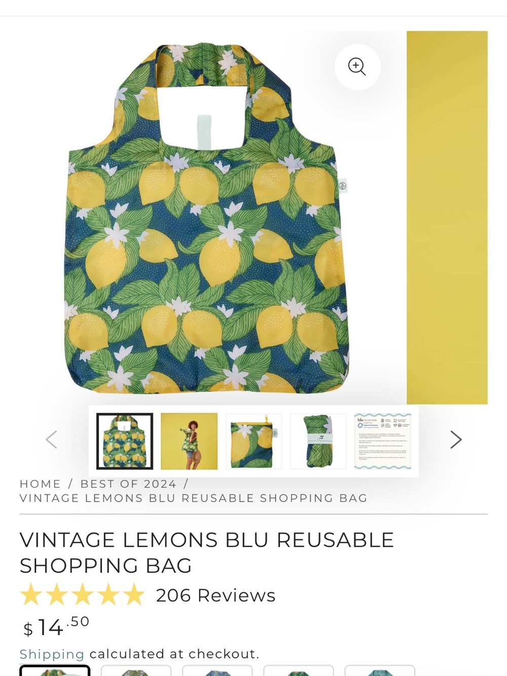 Vintage Blu Bag Lemons Reusable Shopping Bag - Yellow & Green
